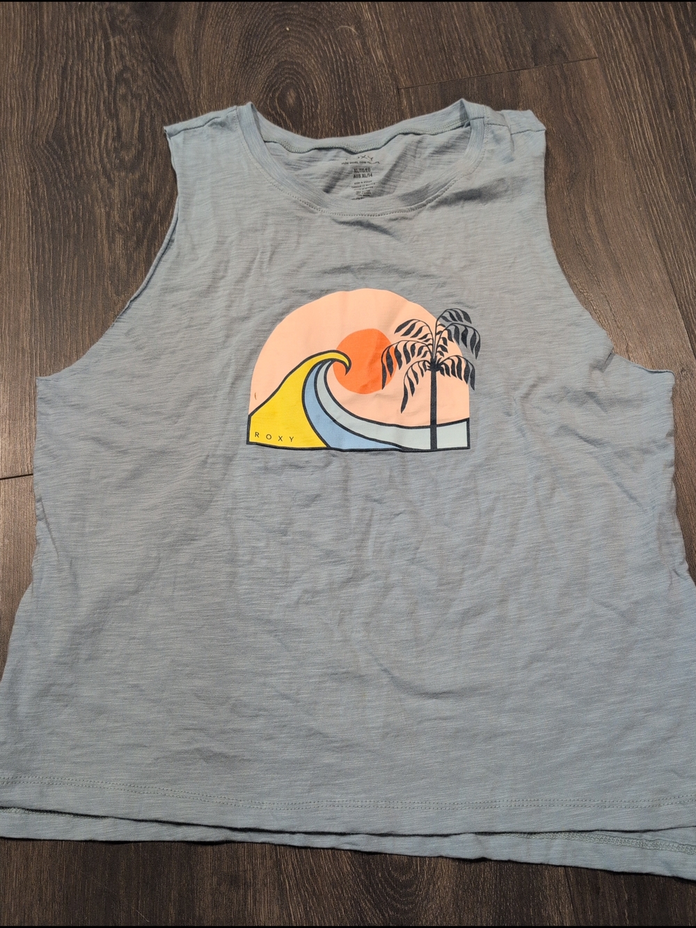 Roxy Women’s Blue Graphic Muscle Tank Wave Sun Palm Tree Beach Surf Size XL